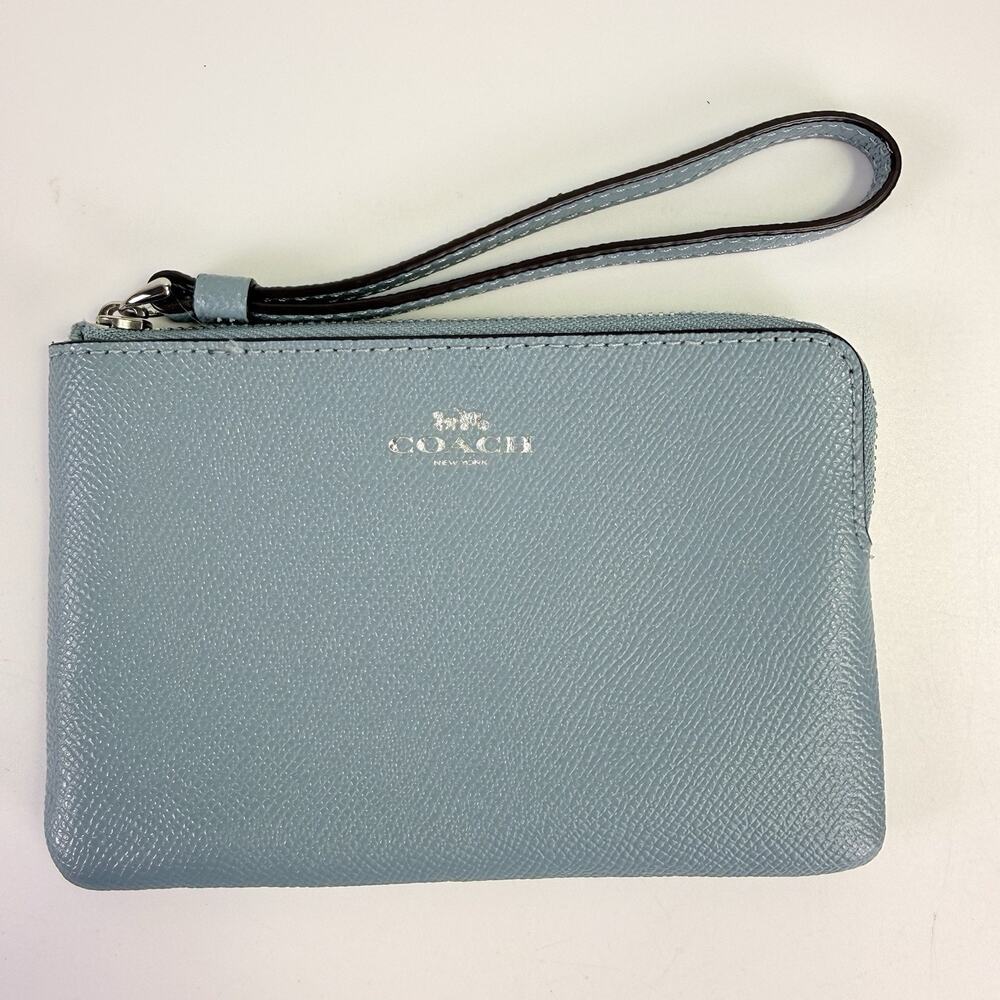Coach Corner Zip Wristlet Slate Blue Crossgrain Leather Wallet Bag